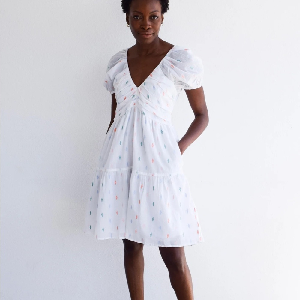 Never A Wallflower Coco White Embroidered Puff Sleeve Mini Dress Size XS